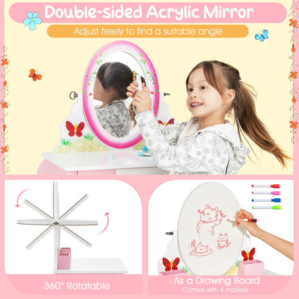 Costzon Kids Vanity, Girls Vanity Set with Mirror and Stool, Drawer, Storage Grids