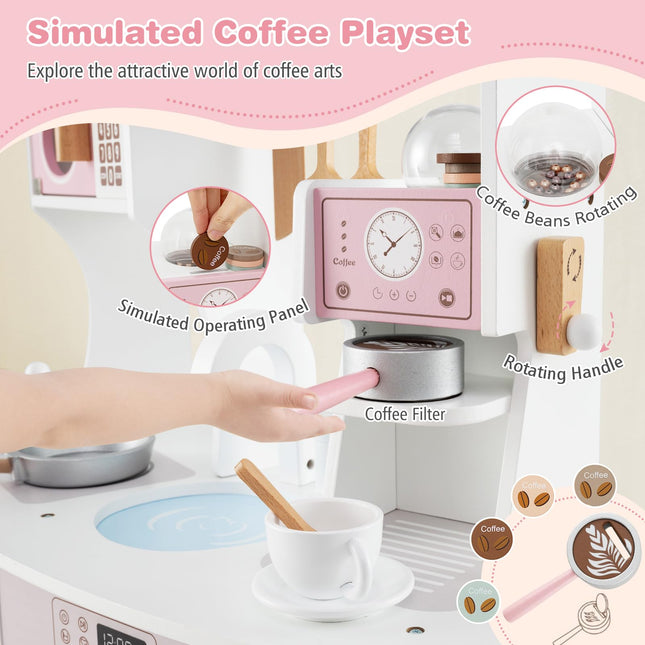 Costzon Play Kitchen, Wooden Toy Kitchen Set with Coffee Maker Playset