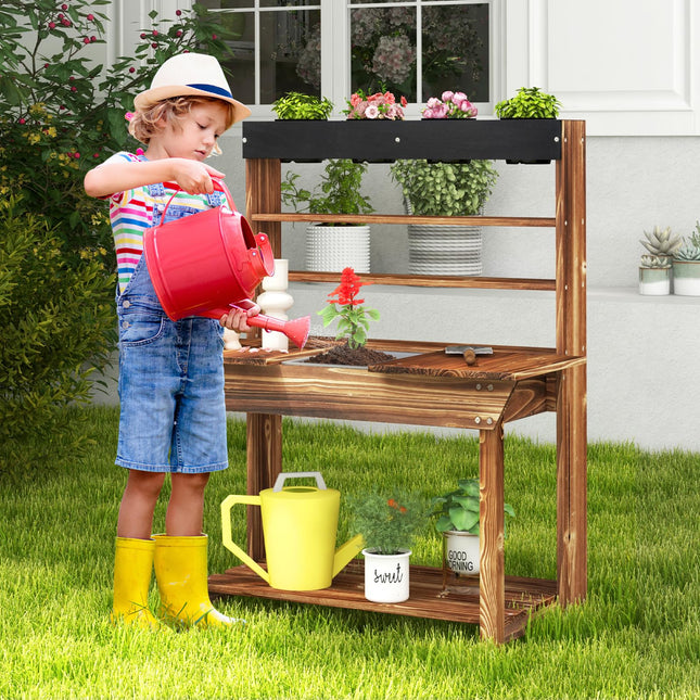 Costzon Kids Potting Bench, Wood Toy Gardening Center with 4 Pots, Mud Kitchen for Kids Outdoor Play Kitchen