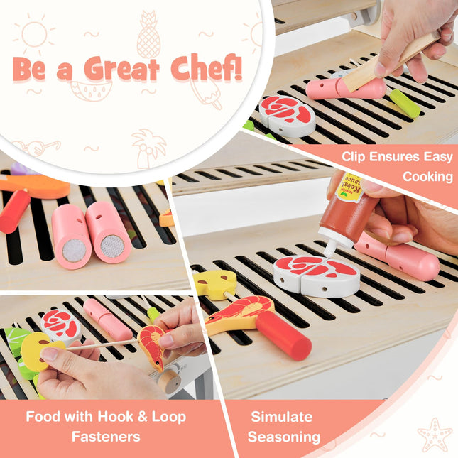 Costzon Kids Barbecue Grill Playset, Wooden Kitchen Playset with 17 Play Food & Barbecue Accessories