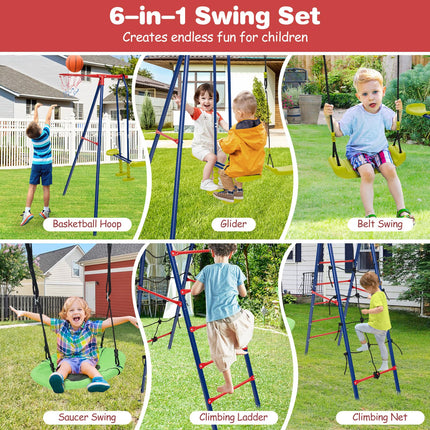 Costzon Swing Sets for Backyard, 6 in 1 Heavy-Duty Metal Swing Set with 2 Swings