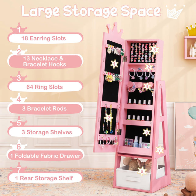 Costzon Kids Jewelry Armoire, 45.5" Standing Jewelry Cabinet with Full-Length Mirror