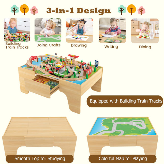 Costzon Train Table, 3-in-1 Wooden Train Set Table with Reversible 84 PCS Track Train Toys, Kids Activity Table for Toddlers