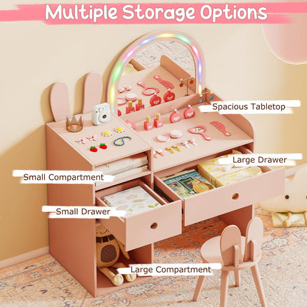 Costzon Girls Vanity Set with Mirror and Stool and Lights