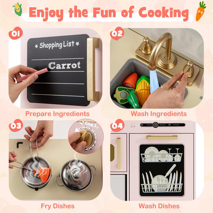 Costzon Kids Kitchen Playset, Wooden Pretend Play Kitchen with Lights and Sounds, Microwave