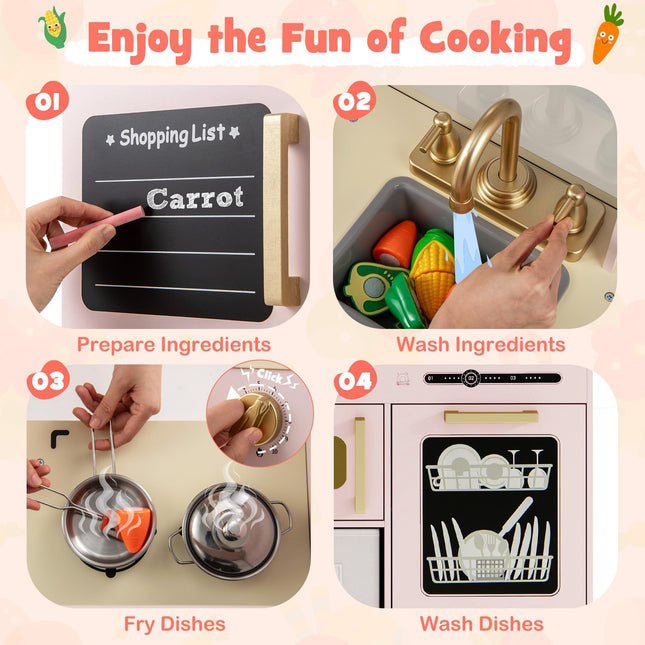 Costzon Kids Kitchen Playset, Wooden Pretend Play Kitchen with Lights and Sounds, Microwave
