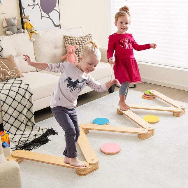 Costzon Montessori Wooden Balance Beam Step Stones, 12-pcs Kids Gymnastics Obstacle Course Balance Board Playset