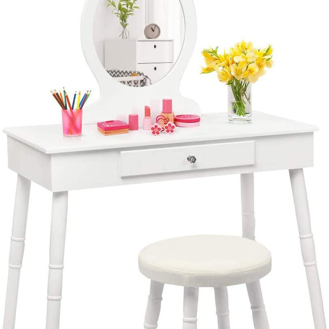 Costzon Kids Vanity Set, Wooden Princess Makeup Table with Cushioned Stool