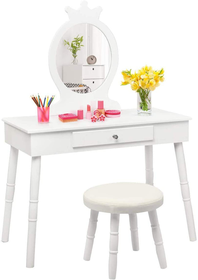 Costzon Kids Vanity Set, Wooden Princess Makeup Table with Cushioned Stool