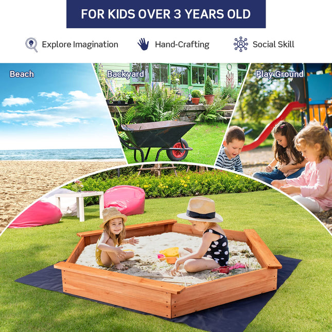 Costzon Wooden Sandbox with Seat Boards, Oxford Cover,Ground Liner, 73" x 64" Hexagon
