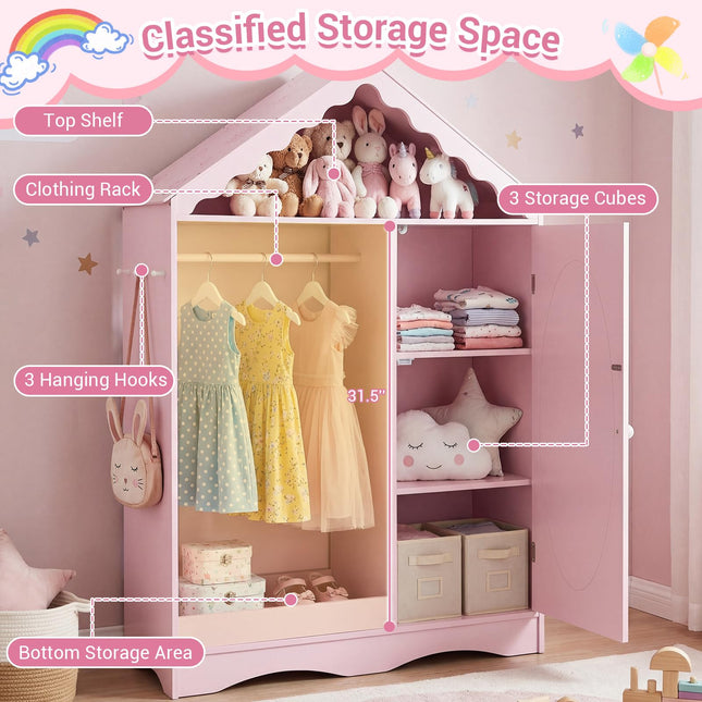 Costzon Kids Dress Up Storage with Mirror Roofed Wardrobe Closet