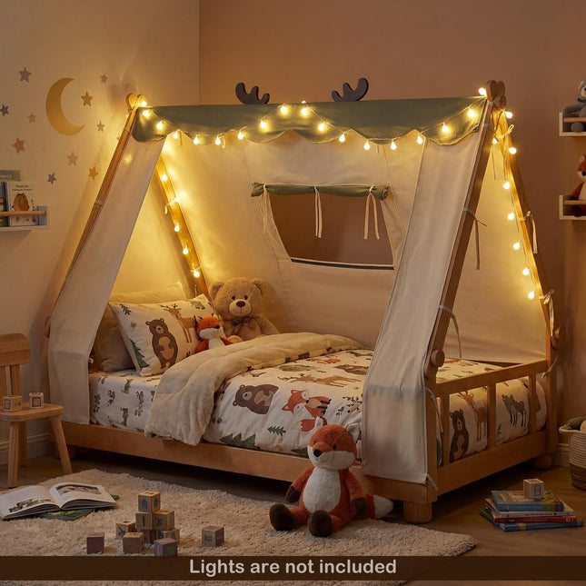 Costzon Twin Bed Frames for Kids Wooden House Antlers-Shaped Floor Bed w/Tent