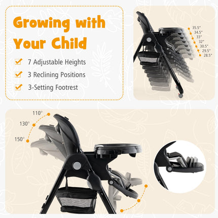 High Chair, Foldable Baby High Chair with Adjustable Height, Recline & Footrest, Double Removable Tray, Storage Basket