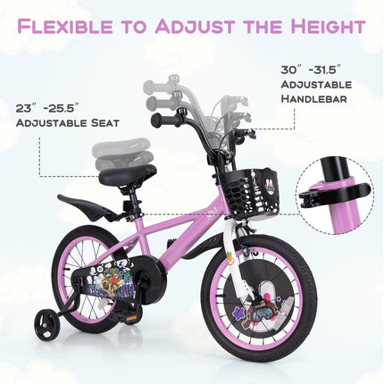 Costzon Kids Bike, 16 Inch Child Bike for 3-8 Years Old with Adjustable Height, Training Wheels, Storage Basket