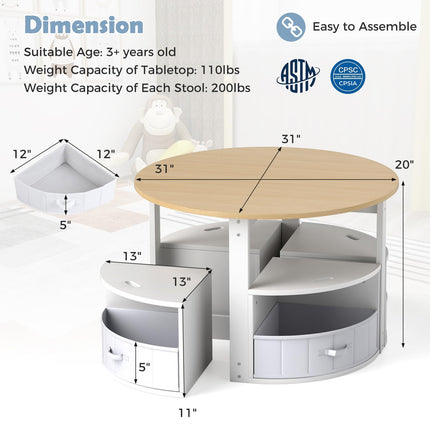 Costzon Kids Table and Chairs, 5 Pieces Wooden Round Children Nesting Table with 4 Storage Stools & 4 Fabric Drawers for Activity