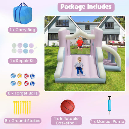 Inflatable Bounce House, White Pink Dream Cotton Bouncy House for Kids 5-12 Indoor Outdoor Backyard Fun w/Wide Slide