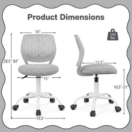 Costzon Armless Height Adjustable Kids Computer Chair Ergonomic Backrest & Stable 5-Point Wheels