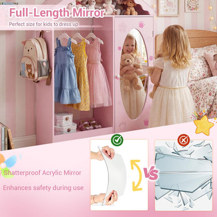 Costzon Kids Dress Up Storage with Mirror Roofed Wardrobe Closet