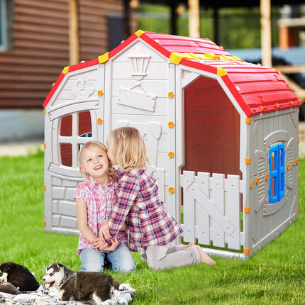 Costzon Roomy Kids Playhouse, Realistic Cottage Playset w/Open-able Windows, Indoor Outdoor Playhouse for Kids