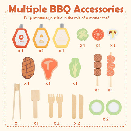 Costzon Kids Grill Playset with Chalkboard, Wooden Kids BBQ Grill Playset with Play Food（With Blackboard）