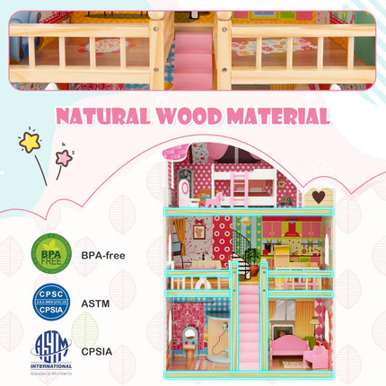 Costzon Dollhouse, Toy Family House with 15 pcs Furniture, DIY Pretend Doll House