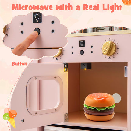 Costzon Kids Kitchen Playset, Wooden Pretend Play Kitchen with Lights and Sounds, Microwave