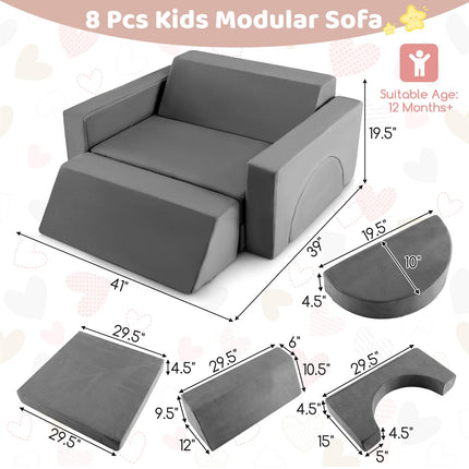 Costzon Convertible Toddler Couch, 8PCS Kids Modular Play Sofa w/Detachable Cover for Playroom