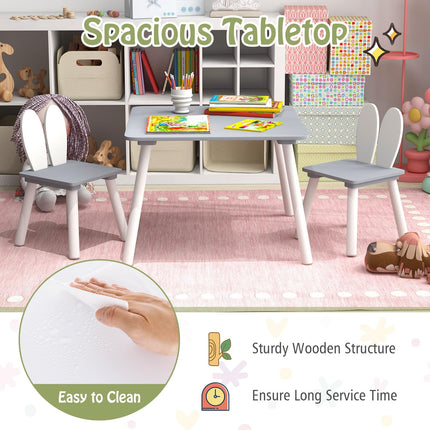 Costzon Kids Table and Chair Set, 3 Pieces Wooden Activity Play Table & 2 Cute Rabbit, Solid Wood Legs