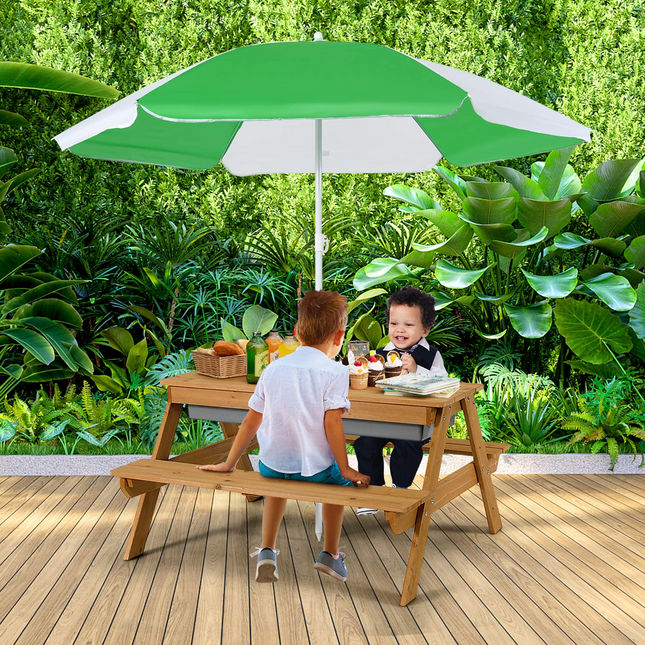 Costzon Kids Picnic Table, 3 in 1 Sand & Water Table w/Height Adjustable Umbrella, Removable Tabletop