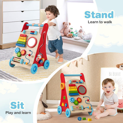 BABY JOY Wooden Baby Walker Sit to Stand Baby Push Walker with Wheels & Storage Space