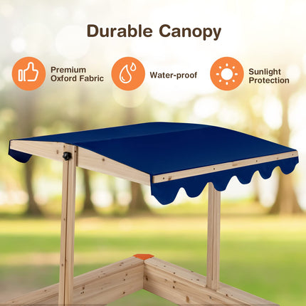 Costzon Kids Wooden Sandbox with Canopy, Square Cabana Sandbox with Ground Liner