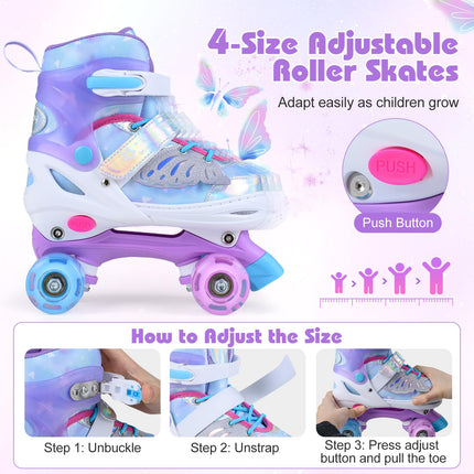 4-Size Adjustable Quad Skates Light-up Wheels Safety Protection