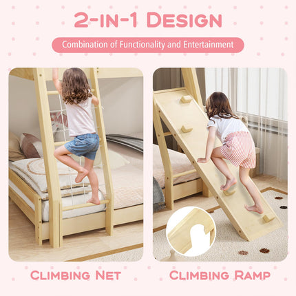 Costzon Twin Over Queen Bunk Bed, House Shaped Bed Frame with Climbing Nets and Ramp