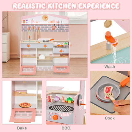 Costzon Double-Sided Play Kitchen & Restaurant Toy Set, 2 in 1 Wooden Pretend Diner Set