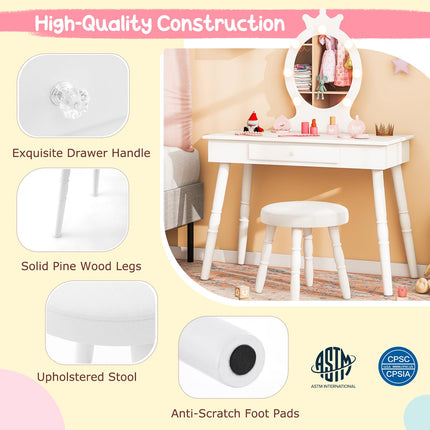 Costzon Kids Vanity, Girls Vanity Set with Mirror and Stool and Lights, Drawer, Pretend Play Kids Vanity Table and Chair Set