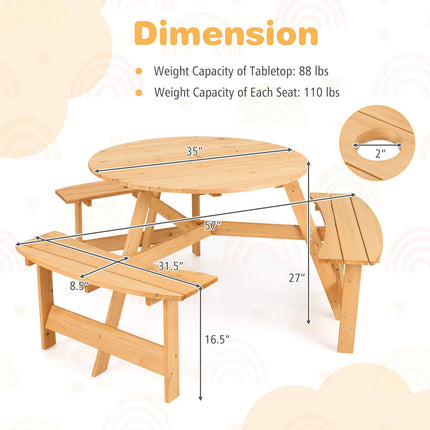 Costzon 6 Person Kids Picnic Table, Fir Wood Round Picnic Table with 3 Built-in Benches