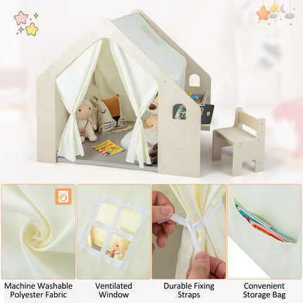 Costzon 6-in-1 Kids Tent, Large Wooden Frame Playhouse with Table and Chair Set