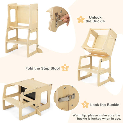 Costzon 3 in 1 Toddler Tower, Kids Kitchen Step Stool with Chalkboard, Foldable Kids Table and Chair Set