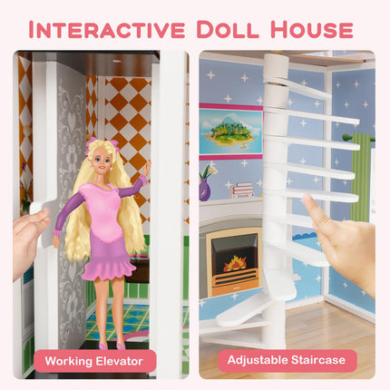 Costzon Wooden Dollhouse for Kids, 3-Story Semi-Open Doll House with 5 Rooms & 10 Pieces Furniture Set