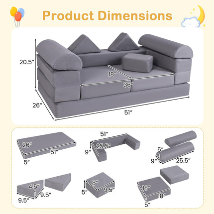 Costzon Kids Play Couch, Versatile Building Fort Foam Play Couch for Boys & Girls(9 Pieces)