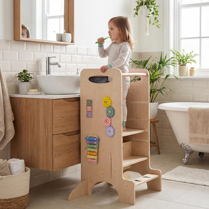 Costzon Wooden Kids Step Stool w/Detachable Chalkboard & Montessori Games