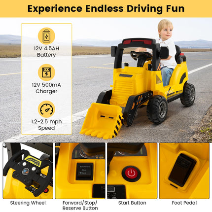Costzon Ride on Excavator, 12V Battery Powered Bulldozer Digger with Adjustable Digging Bucket, Yellow