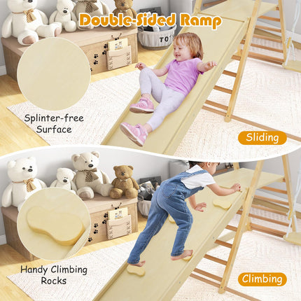 Costzon Indoor Jungle Gym, 5-in-1 Foldable Montessori Climbing Toys for Toddlers w/Double-Sided Slide, Indoor Wooden Playground Climber Playset