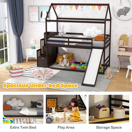 Costzon House Bunk Bed, Twin Over Twin Wood Kids Bed Frame with Slide & Storage Staircase