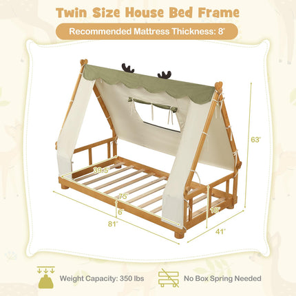 Costzon Twin Bed Frames for Kids Wooden House Antlers-Shaped Floor Bed w/Tent