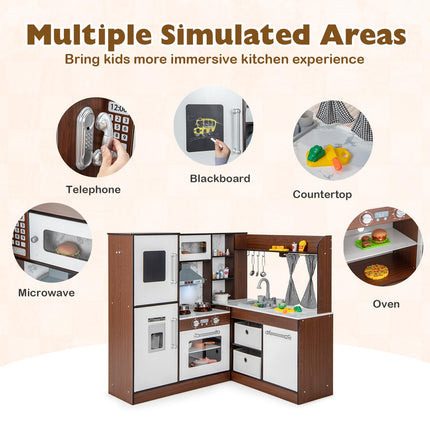 Costzon Kids Corner Kitchen Playset, Toddler Pretend Toy Kitchen w/Sink & Faucet, Water Circulation System