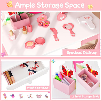 Costzon Kids Vanity, Girls Vanity Set with Mirror and Stool, Drawer, Storage Grids