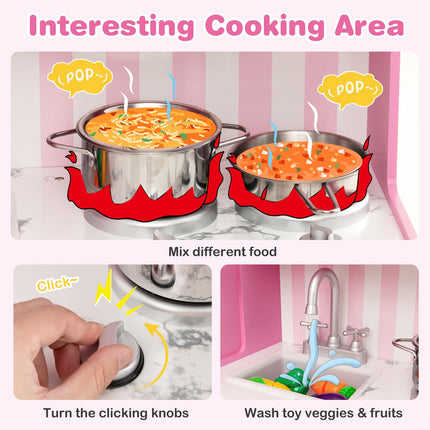 Costzon Kids Kitchen Playset, Wooden Little Chef Pretend Play Kitchen with Deluxe LED Lights, Pink