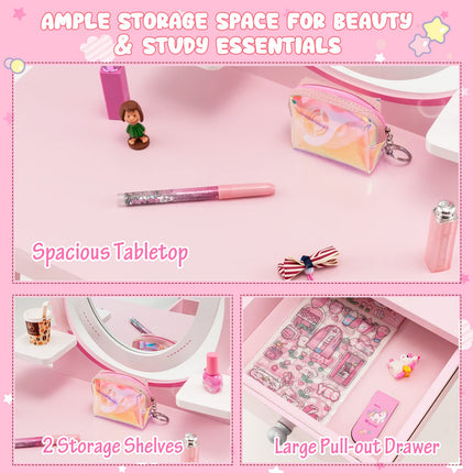 Costzon Kids Vanity Set with Mirror, 2 in 1 Princess Makeup Dressing Table