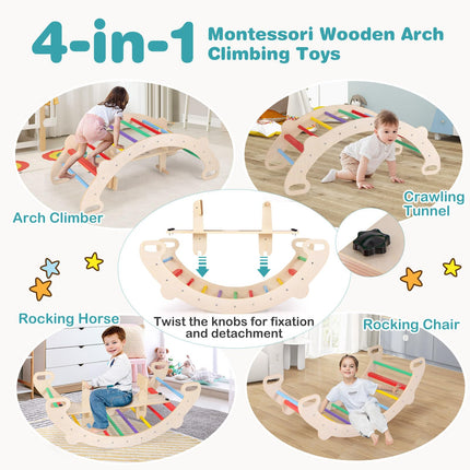 Costzon Wooden Rocking Toys for Toddlers, 4-in-1 Montessori Wooden Arch Climber Ladder Structure